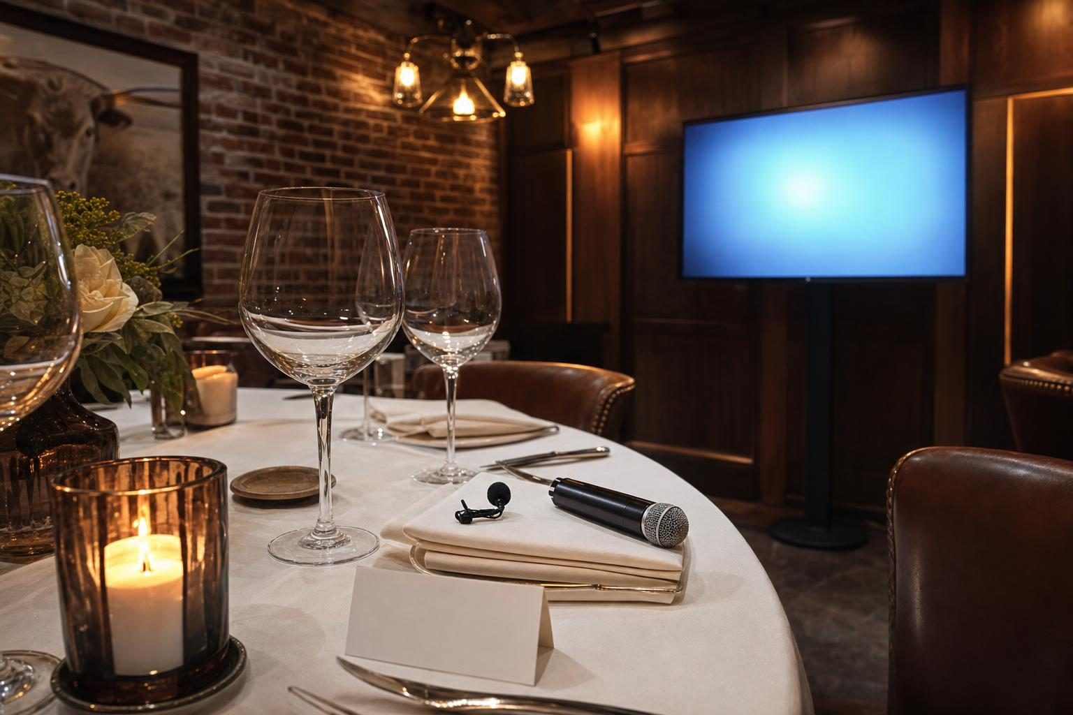 A candlelit private dining table with discreet wireless microphones and a display for a board dinner in Nashville
