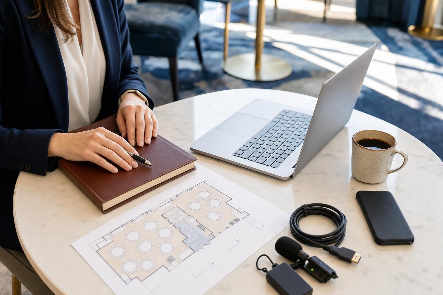 An event planner reviewing a floor plan and notes with a wireless microphone on the table