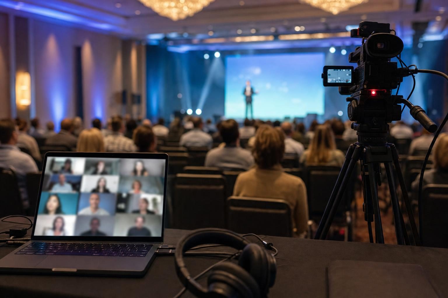 A streaming laptop and broadcast camera at the back of a ballroom during a hybrid general session