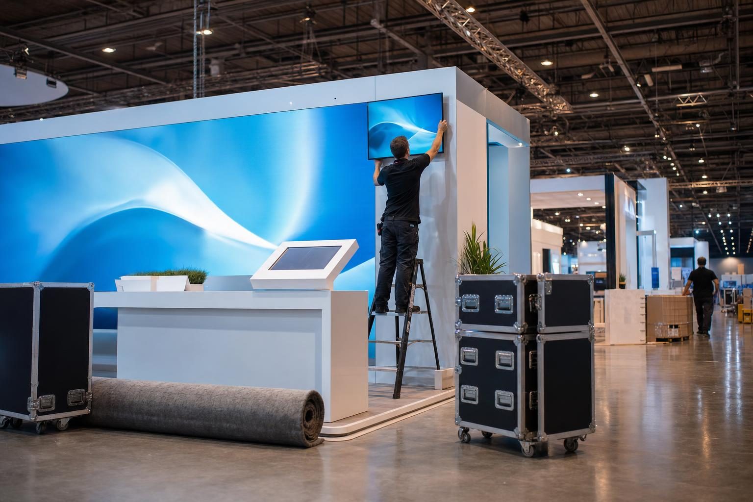 A technician adjusts a mounted display at a trade show booth with an LED video wall before the exhibit hall opens