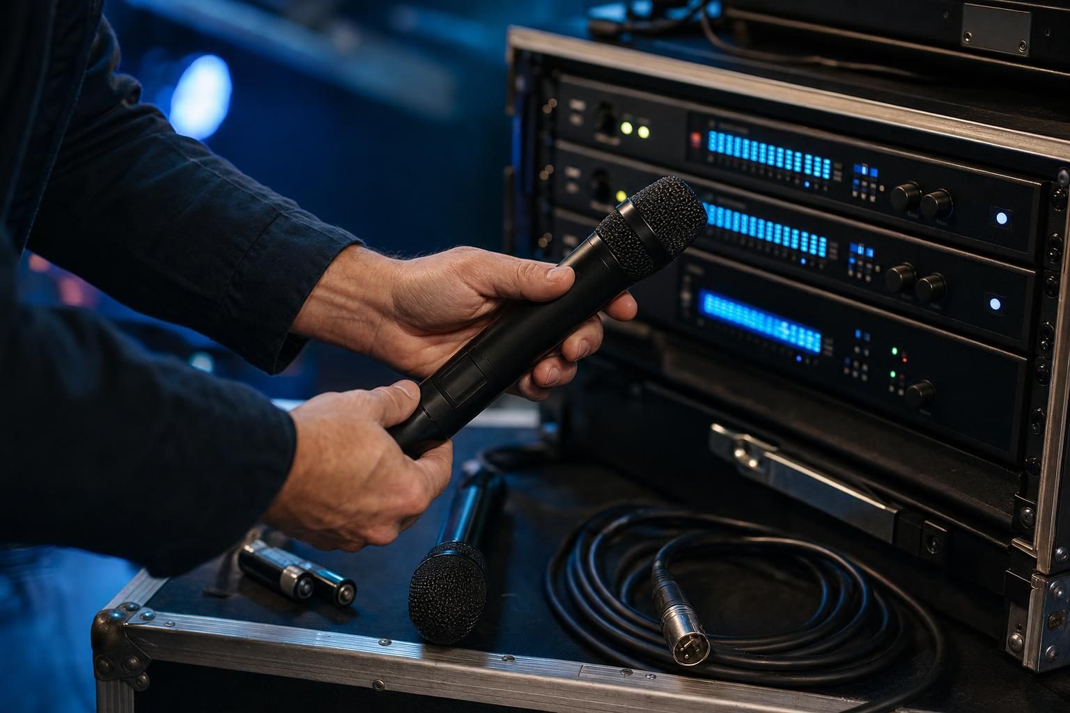 A technician checks a wireless microphone against a rack receiver before an event